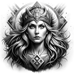 frigg nordic godness - perfect realistic art - high definition - grey and black tattoo design - white background 