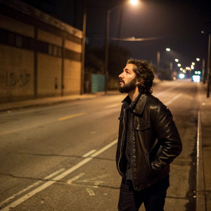 Shia LaBeouf, sporting a scruffy beard, wearing a black leather jacket. Standing alone on an abandoned street at night.