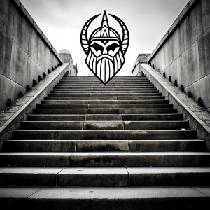 viking in walhalla stairs runen symbols pattern - perfect realistic art, high-definition, high-definition grey and black, white background 