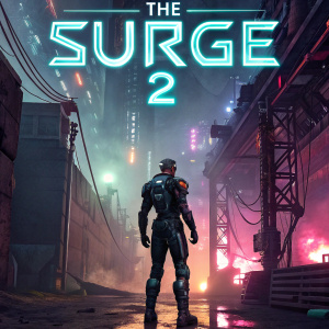 Cover art for The Surge 2. Protagonist in sleek cybernetic armor standing in neon-lit, dystopian industrial complex. Background filled with high-tech machinery and wires.