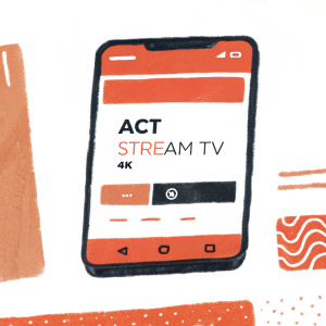 Modern interface for ACT Stream TV 4K. Sleek design with pricing details, payment button, and app description. Dominant colors are red, black, white, and gray.