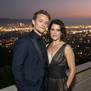 JJ Feild and Neve Campbell, in stylish attire, at a Hollywood gala. City lights backdrop.