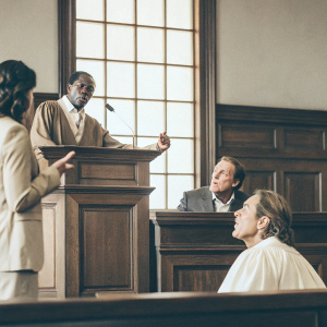 Sandra Bullock, Samuel L. Jackson, Matthew McConaughey, and Kevin Spacey starred in 'A Time to Kill'. Intense courtroom drama backdrop, capturing the essence of the film's compelling narrative.