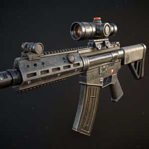 3D model of a high-tech assault rifle from Wolfenstein II: The New Colapse video game. Dark background, detailed dials, buttons, and optics.