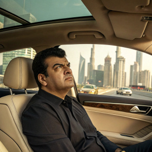Siddharth Roy Kapur, Indian actor, sits in a luxury car, frowning. Taupe interior, dark shirt. Cityscape background