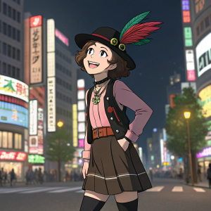 Haru Okumura from Persona 5, smiling brightly. Wearing a black hat adorned with a vibrant feather, black vest, pink shirt, brown belt, skirt, and black socks. The background is a bustling city street, filled with colorful lights and vibrant signs.