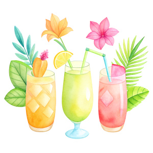 Set of hand drawn bright tropical cocktails decorated with tropical flowers, leaves and fruits on white background. Beautiful Summer decor for menus, posters, cards, and packaging