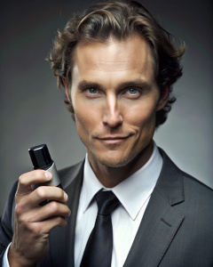 photoRealistic photo of Matthew McConaughey as Mickey Pearson with a smirk wearing suit, He holds a small breathalyzer in his hand, Pay close attention to detail, realistic photo quality, very detailed, 8k, 80mm lens
