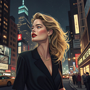 Doutzen Kroes, a model with tousled blonde hair, standing confidently. She is dressed in a black top with a V-neckline and bold red lipstick. The background is a city skyline at night, bustling with lights and movement.
