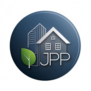 Logotipo en forma de un semi ovoide circular de una constructora de casas modernas y edificios  y landscapin el logo tiene que tener un árbol la figura de una casa y atrás de la casa 1 edificio. c las iniciales del mismo color visibles JGP Enterprise LLC al centro en forma de edificios