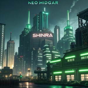 Digital illustration of Neo Midgar, the sprawling metropolis from Final Fantasy VII. Neon lights and greenish accents illuminate the futuristic skyline, showcasing massive structures and machinery. The iconic Shinra logo dominates the cityscape.