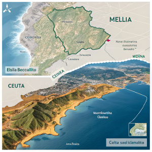 Detailed map comparison of Ceuta and Melilla, highlighting unique geographical features and boundaries.