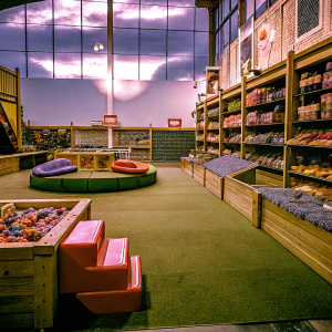 A vibrant toy store, filled with Trolli World merchandise, featuring an array of colorful candies and playful toys.