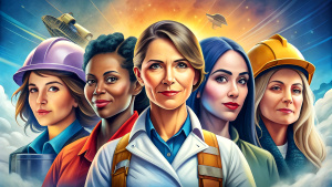 Illustrate women from different professions and industries, highlighting their contributions and achievements in fields traditionally dominated by men.