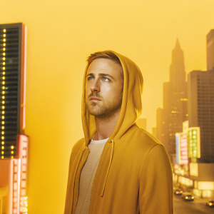 Ryan Gosling lookalike in a 3D render. He wears a casual hoodie. Background is a neon-lit cityscape.