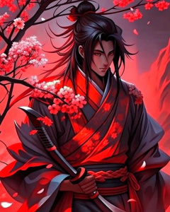 a samurai with a katana in his hands stands near the sakura