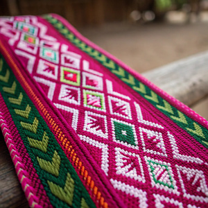 A detailed close-up of a vibrant Mayan textile. Rich colors including pink, white, and green create intricate patterns. Geometric shapes dominate the design. The background is blurred to focus on the woven texture and vivid hues.