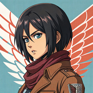 Pixel art depiction of Mikasa Ackerman from Attack on Titan. Character design features include dark hair and prominent facial features. Abstract background elements
