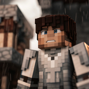 A Minecraft character modeled in pixel art. Serious face. Blocky design. Wearing a pixelated chest armor.