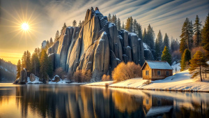 create a picture of a house on the shore of a lake. behind the house you can see a wintry forest. high rock faces protrude from the forest. The sun rises above the rocks and shines on the scene