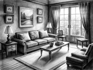 living room sketch in pencil, black and white sketch, precise lines