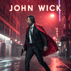Promotional poster featuring John Wick. Urban setting, dynamic pose. Red and black color scheme. Spanish text, cinematic feel.
