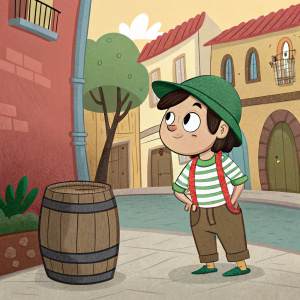 Digital illustration featuring Quico from 'El Chavo del Ocho' in a vibrant, animated setting. Quico stands next to a rustic barrel, dressed in a striped shirt and green cap, amidst a warm-colored backdrop with detailed buildings and a playful atmosphere.