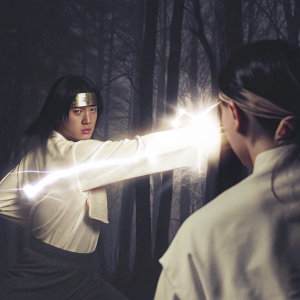 Neji Hyuga from Naruto, fierce battle stance, dark forest background, dynamic fight scene