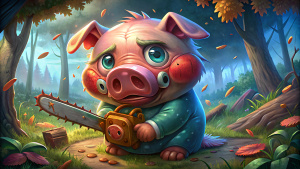 a crying sad pig with a chainsaw
