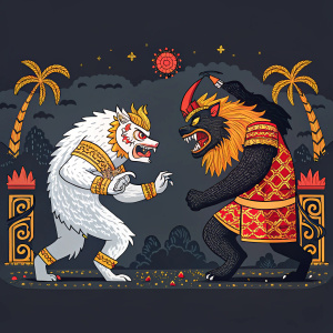 A vibrant digital illustration featuring stylized pixel art of Barong and Rangda. Dark background with creatures in fierce poses, using colors like gold, orange, red, white, and gray.