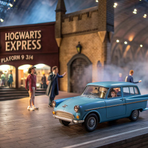 Interactive Harry Potter collectible. Miniature blue Ford Anglia with moving figures, detailed backdrop showcasing the Hogwarts Express and platform 9 3/4