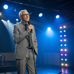Dr. Drew Pinsky, in a gray suit and glasses, hosting a SiriusXM live broadcast. Studio audience, bright lights