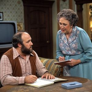 Rob Reiner and Jean Stapleton in character as Michael Stivic and Edith Bunker from 'All in the Family'. Michael seated at a table with a notebook, Edith standing animatedly nearby. Interior set with classic decor.