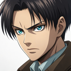 Levi Ackerman from Attack on Titan, intense gaze. Dark hair styled, striking blue eyes. Close-up illustration. Plain background, detailed facial features