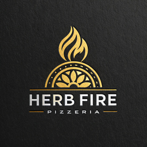 Herb Fire Pizzeria's logo features a sleek, modern design with a stylized flame in gold against a black background, the name of the pizzeria in a clean, contemporary font.