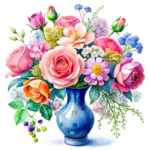 Watercolor image ,orange gypsophila rose pink daffodil ,pale roses pink Damarions,pink Ranunculus viburnum ,rose pink wax flower ,ruby pink dandelion ,calla , pink geranium,green Bougainvillea , a blue huge victorian  traditional decorated WITH FLOWERs Vase with green SNAKE ornaments ,on a white wall, watercolor