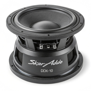 Skar Audio DDX-10 subwoofer, featuring a sleek, modern design. The subwoofer boasts a powerful audio output. Sturdy base, curved top. Skar Audio logo displayed prominently on the lower portion.