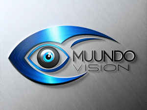 logo en forma de ojo minimalista con  colore azul negro y blanco con la palabra mundo visión de forma innovadora y tecnológica y futurista con fondo blanco