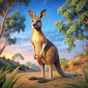Image: A majestic kangaroo stands against the backdrop of the Australian bush. Its strong hind legs rest firmly on the ground, and its powerful tail helps maintain balance. There are picturesque landscapes all around: tall eucalyptus trees, bushes and bright green grass. Reddish rocks can be seen in the background, creating a contrast with the blue sky. Sunlight softly illuminates the kangaroo, emphasizing its muscles and short fur., animate, animation, portraiture, soft and warm colors, 3D rend