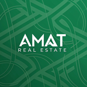 Modern logo design for Amat Real Estate. Bold, sans-serif font. Vibrant green background with abstract geometric shapes intertwined with the text.