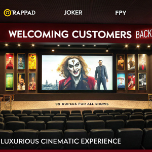 PVR Cinemas promotional image showcasing a vibrant grid of movie posters including 'Thappad', 'Joker', 'Spy', and more. Welcoming customers back with luxurious cinematic experience at a special price of 99 rupees for all shows.
