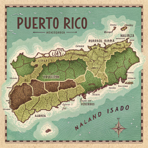 A nostalgic map of Puerto Rico, showcasing detailed regions including Luquillo, Fajardo, and Naguabo. The map features a vivid green and brown color scheme.