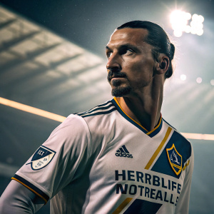 Close-up of Zlatan Ibrahimovic. Wearing LA Galaxy jersey with Herbalife logo. Stadium lights create dramatic shadows