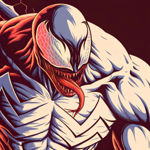 A detailed 3D render of a character from Marvel's universe, Anti-Venom. The figure is predominantly gray with accents of red and black. Dynamic pose, focusing on the bust.