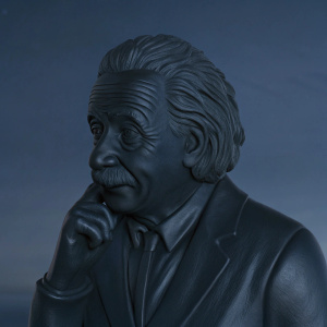 Realistic 3D model of Albert Einstein. Close-up view emphasizing his mustache. Dark background