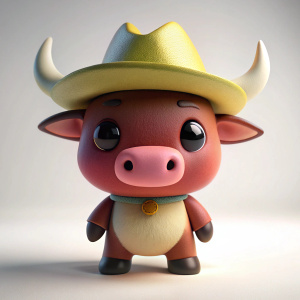 3D Render of a Cute Cartoon Ox with a Cowboy hat on white