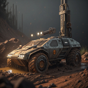 3D digital art of a futuristic drilling vehicle from the Swat Kats series, covered in mud and debris.