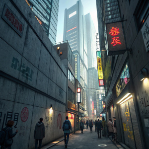 In the bustling heart of Tokyo, a narrow, winding alleyway stretched before me. Its concrete walls, adorned with neon signs and graffiti, told tales of the city's vibrant life. Towering skyscrapers pierced the skyline, their glass and steel facades reflecting the never-ending stream of people below. The sun's rays pierced through the dense urban jungle, creating a kaleidoscope of light and shadow on the crowded streets.