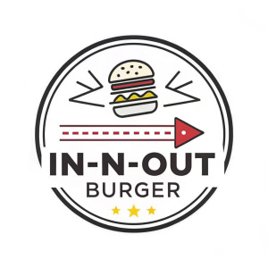 Iconic logo for In-N-Out Burger. Minimalist design featuring a burger icon with arrow, bold sans-serif font. White and black background. Trademark symbol included.