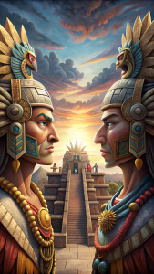 creates a cartoon painting in which the Aztec empire and the Spanish appear facing each other, side view, dark photo, realistic, illustration, super realistic, 4k


